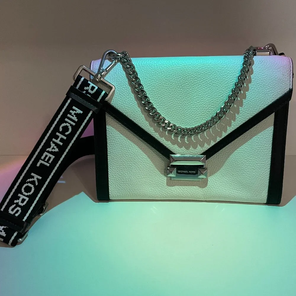 MICHAEL KORS Black & White (B&W) Leather Crossbody Handbag with Silver Hardware - Picture 1 of 11